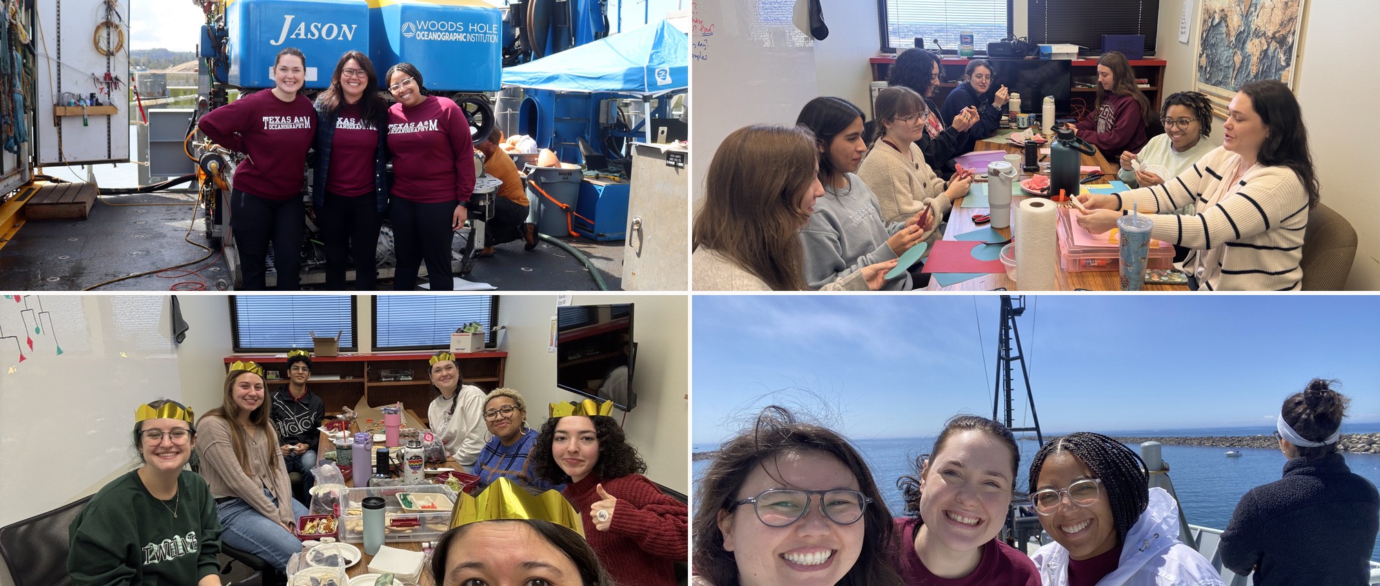 Lab members on deck with ROV Jason, around the lab meeting table, at a holiday gathering, and at sea.