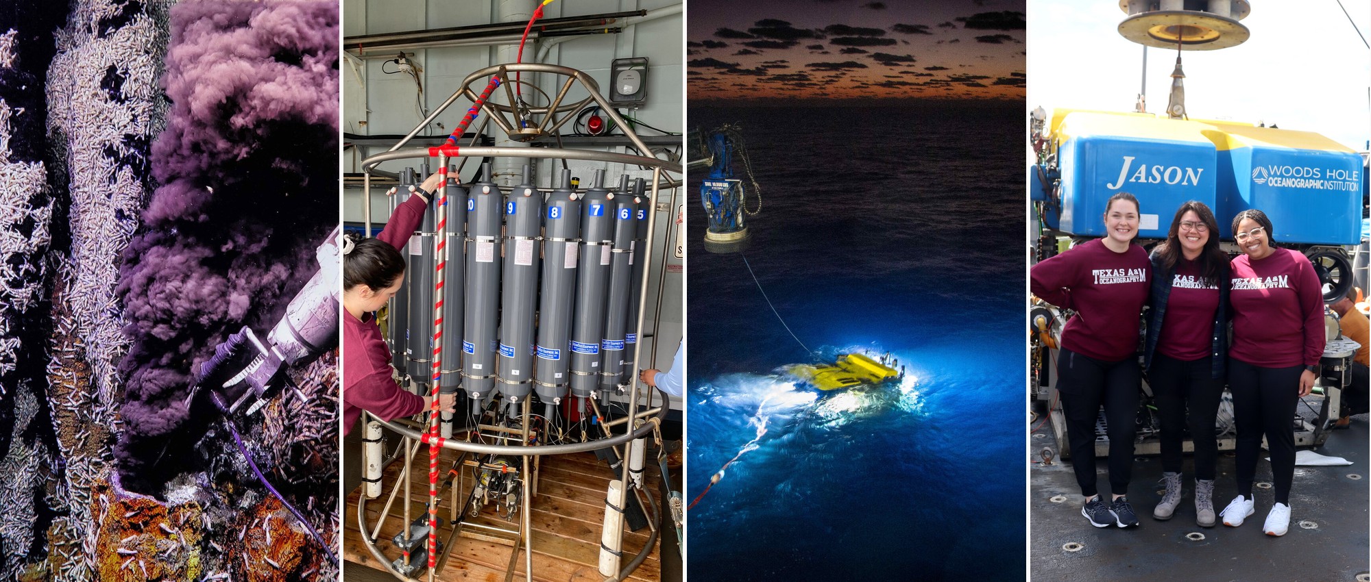 Black smoker vent with a fluid sampler, a CTD rosette on deck, an ROV deployment at dusk, and lab members in front of ROV Jason.